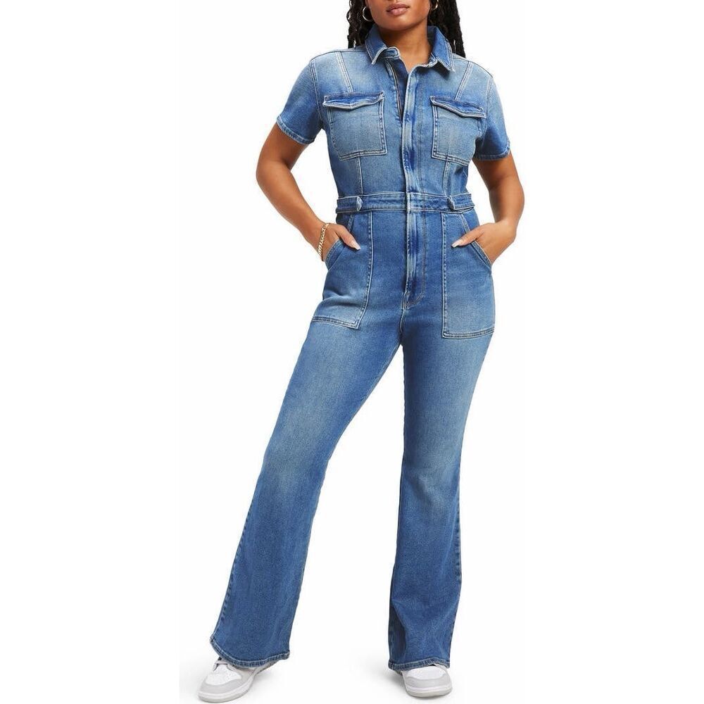 GOOD AMERICAN Fit for Success Denim Jumpsuit Size 5 (2X) Curve Sculpt Zip Utilit